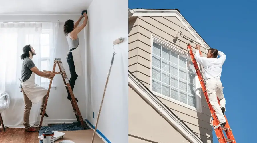 couple painting their living room on the left and a professional painter painting the front of the house on the right