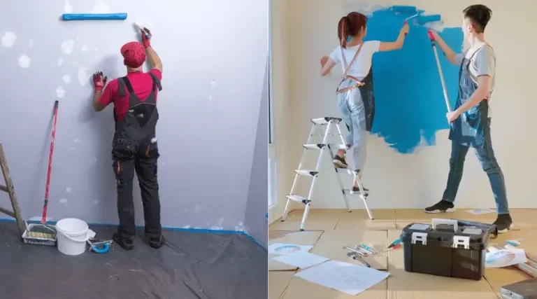 expert painter using a paint roller on the left and a couple using paint brushes on the right